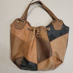 70s Hippie hobo patchwork faux leather bag. Retro boho disco Firefly Coachella